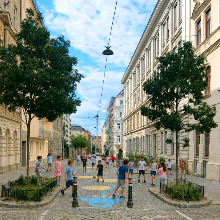 Darstellung der Phorusgasse mit spielenden Kindern vor der Schule.